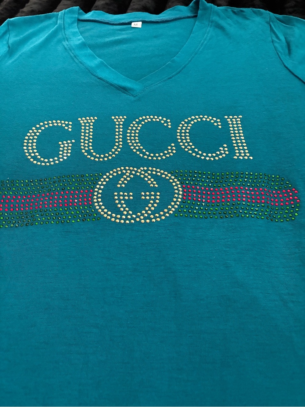 New Womens Rhinestone Luxury Teal T-shirt Size Medium - Picture 4 of 6